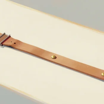 Gouache painting: a long tan leather strap lies straight across a workbench with two brass studs a short gap apart near its middle