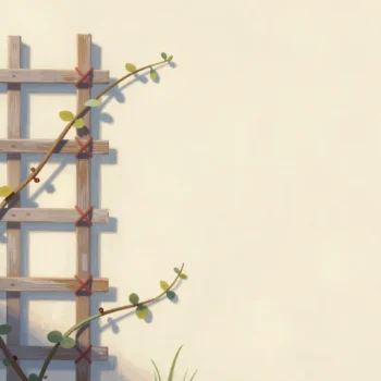 A garden trellis with vines tied on with twine, and one vine leaning against it without any tie