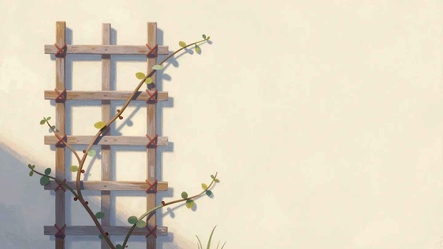 A garden trellis with vines tied on with twine, and one vine leaning against it without any tie