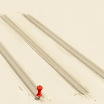 Gouache painting: seen from above, three furrows lie side by side: one long, one shorter, one long