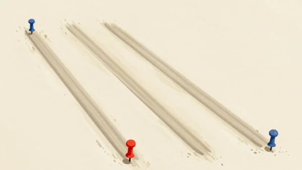 Gouache painting: seen from above, three furrows lie side by side: one long, one shorter, one long