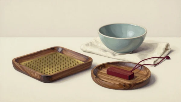 A perforated brass insert in a rectangular wooden tray beside a vermilion wooden piece on a round tray and a sage bowl.