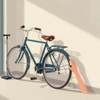 A hand pressing the slightly soft front tire of a bicycle in a hallway, a floor pump standing nearby.