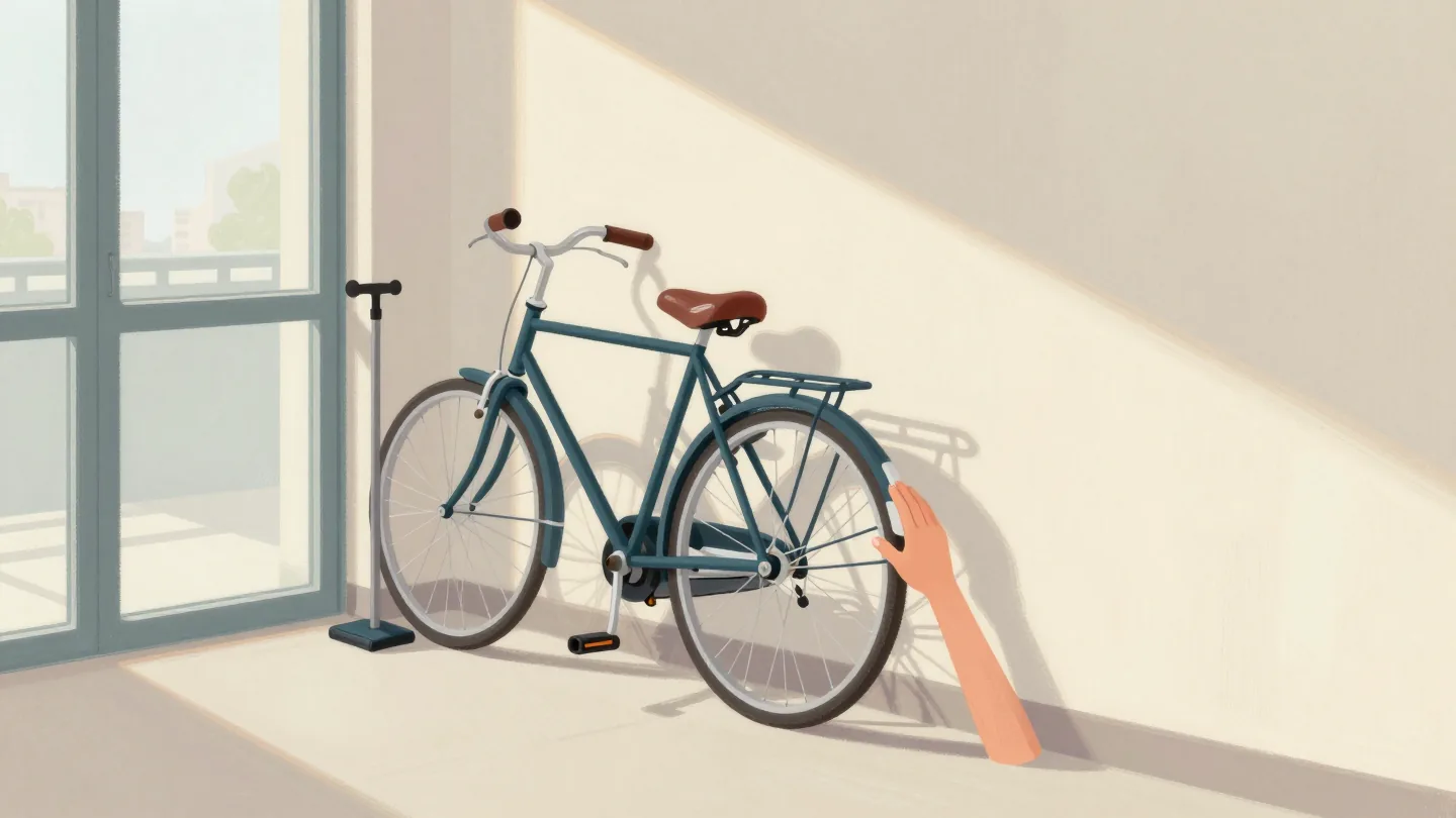 A hand pressing the slightly soft front tire of a bicycle in a hallway, a floor pump standing nearby.