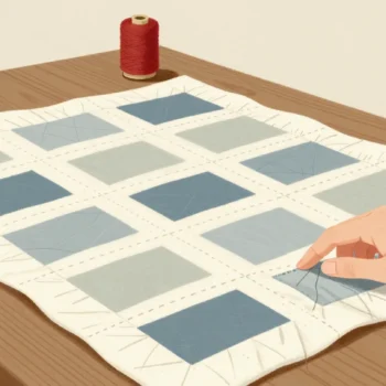 A hand checking the seams of a finished quilt, a red spool of thread beside it