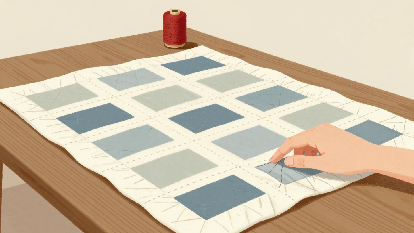 A hand checking the seams of a finished quilt, a red spool of thread beside it