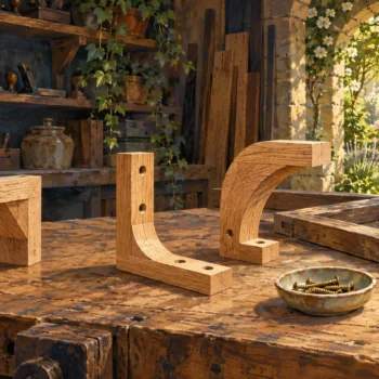 Three distinct wooden fittings beside a joined frame on a sunlit carpenter workbench.