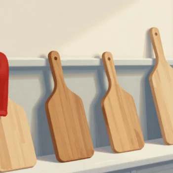 Gouache painting: four identical wooden pizza peels lean against a flour-dusted shelf edge, each steeper than the last