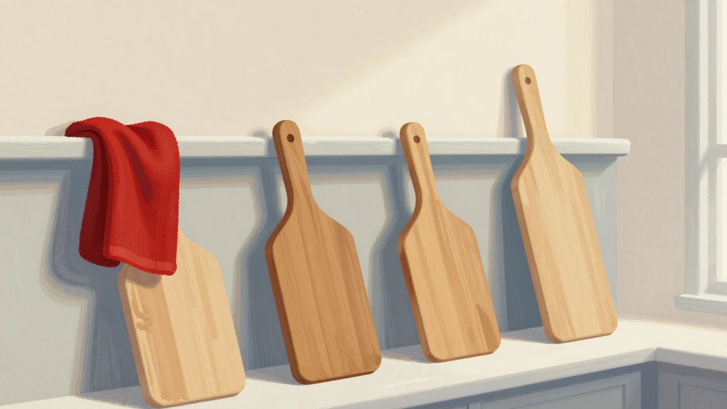 Gouache painting: four identical wooden pizza peels lean against a flour-dusted shelf edge, each steeper than the last