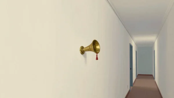 A hand lifting the cap of a brass speaking tube that runs to a far room