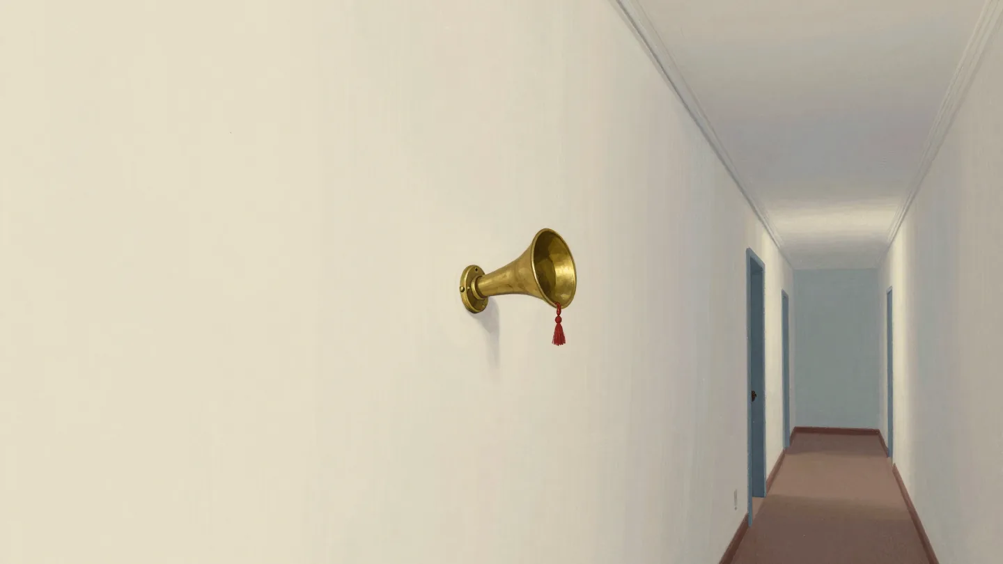 A hand lifting the cap of a brass speaking tube that runs to a far room
