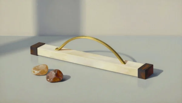 A curved brass strip over a straight ivory bar between dark wooden end blocks, beside two ochre stones.