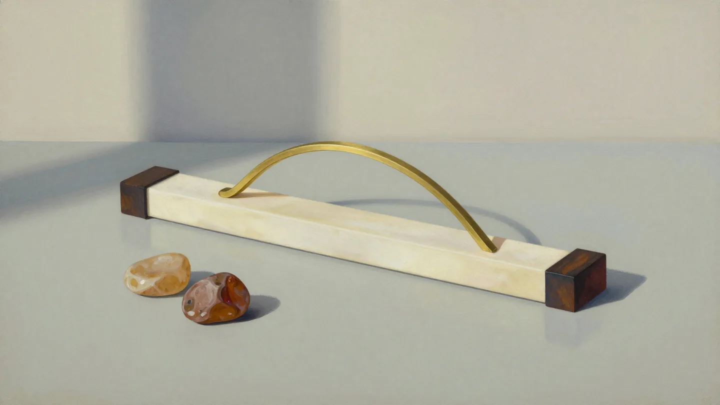 A curved brass strip over a straight ivory bar between dark wooden end blocks, beside two ochre stones.