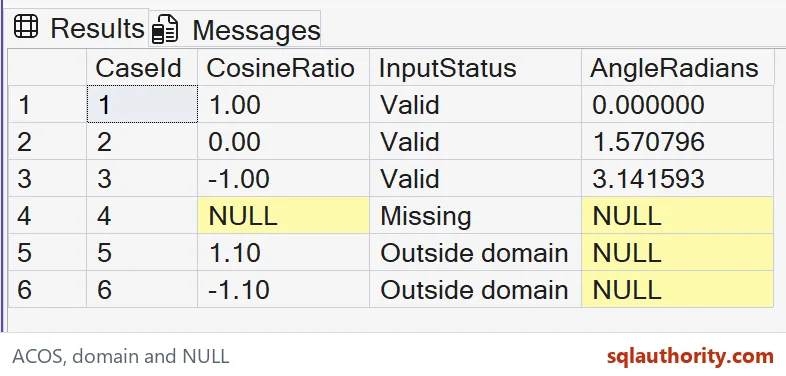 Native SSMS grid showing valid cosine ratios, angles in radians, missing input and values outside the domain