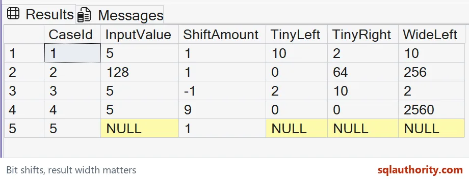 Native SSMS results showing five left and right shift cases for tinyint and widened int, including negative shifts, large shifts and NULL.