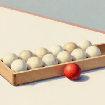 Gouache painting: a short wooden rack holds eight cream balls in one row