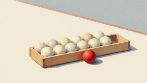 Gouache painting: a short wooden rack holds eight cream balls in one row