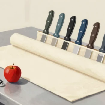 An open chef's knife roll with one small paring knife taken out and laid beside a single apple.