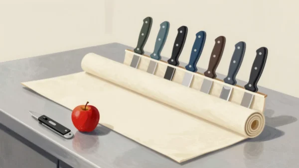 An open chef's knife roll with one small paring knife taken out and laid beside a single apple.