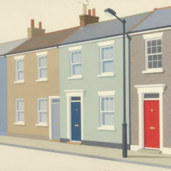 A row of identical terraced houses at night, each front door a different color, one door bright red.