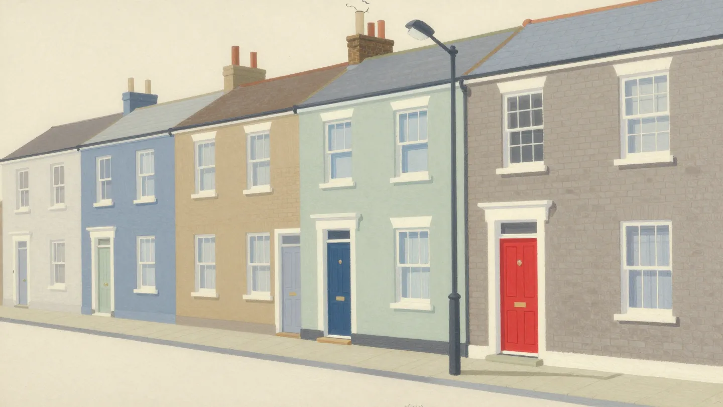A row of identical terraced houses at night, each front door a different color, one door bright red.