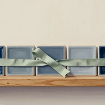 Five rectangular ceramic dishes tied with a sage ribbon on a wooden shelf.