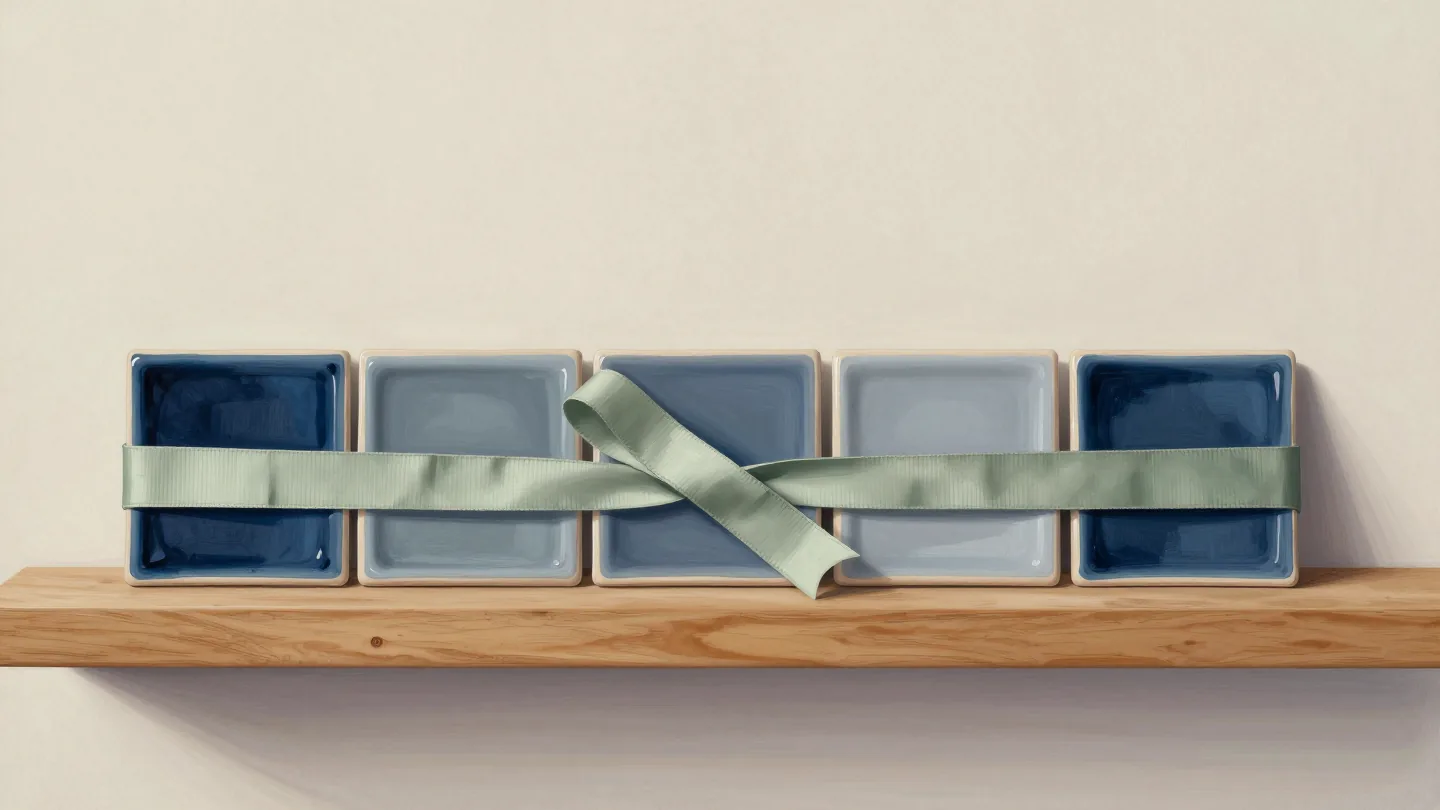 Five rectangular ceramic dishes tied with a sage ribbon on a wooden shelf.