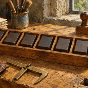 Six blank wooden blocks fit a bounded composing tray while a spare rests outside