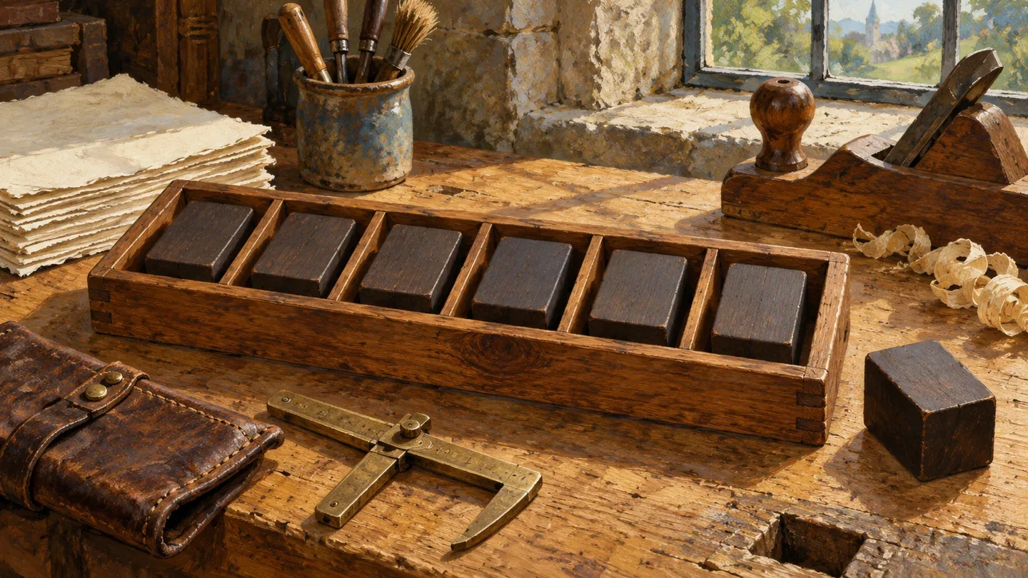 Six blank wooden blocks fit a bounded composing tray while a spare rests outside