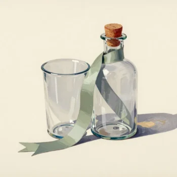 A clear tumbler and a corked glass bottle with a sage ribbon on warm paper.