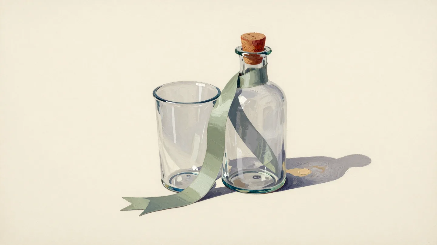 A clear tumbler and a corked glass bottle with a sage ribbon on warm paper.