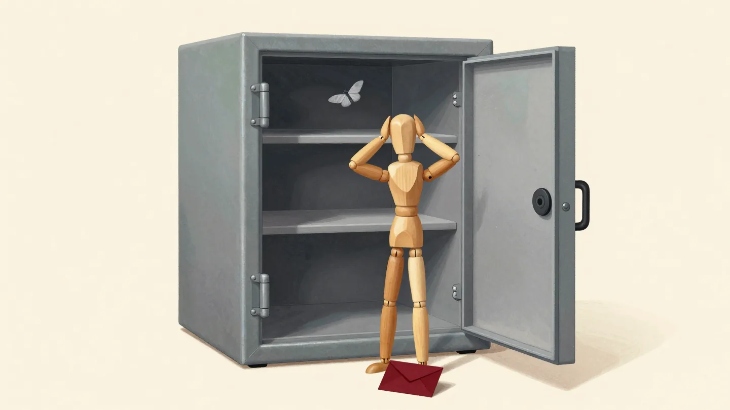A shocked wooden mannequin in front of a wide-open safe that is empty except for one moth