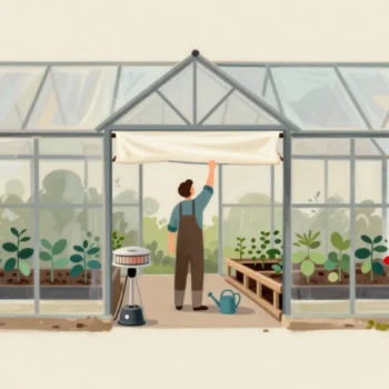 A gardener seen from behind adjusting a greenhouse roof vent, with a shade cloth, heater and healthy seedlings.
