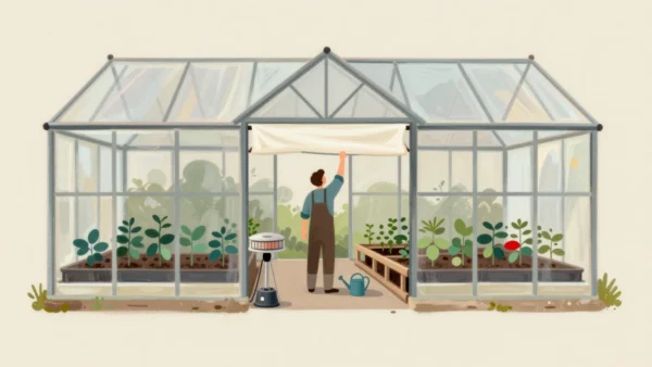 A gardener seen from behind adjusting a greenhouse roof vent, with a shade cloth, heater and healthy seedlings.