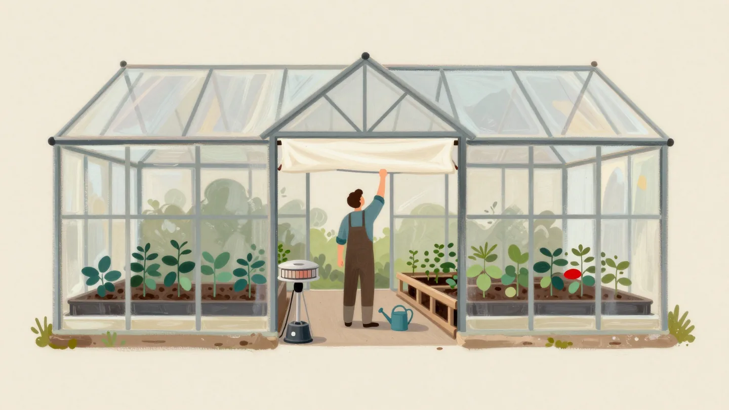 A gardener seen from behind adjusting a greenhouse roof vent, with a shade cloth, heater and healthy seedlings.