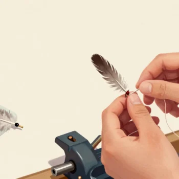 Hands finishing a small, neat fishing fly at a vise, with unused feathers pushed aside in a tray.
