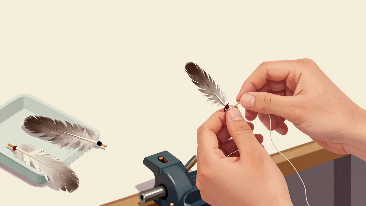 Hands finishing a small, neat fishing fly at a vise, with unused feathers pushed aside in a tray.