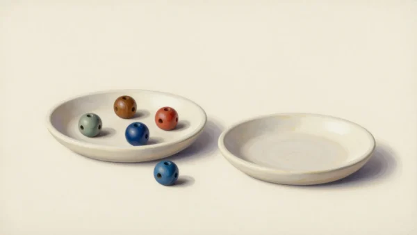 Colored ceramic beads in a pale shallow tray beside an empty tray and a separate blue bead.