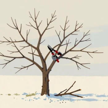 A gloved hand holds secateurs to one dead branch of a bare apple tree, pruned twigs on the snow below.
