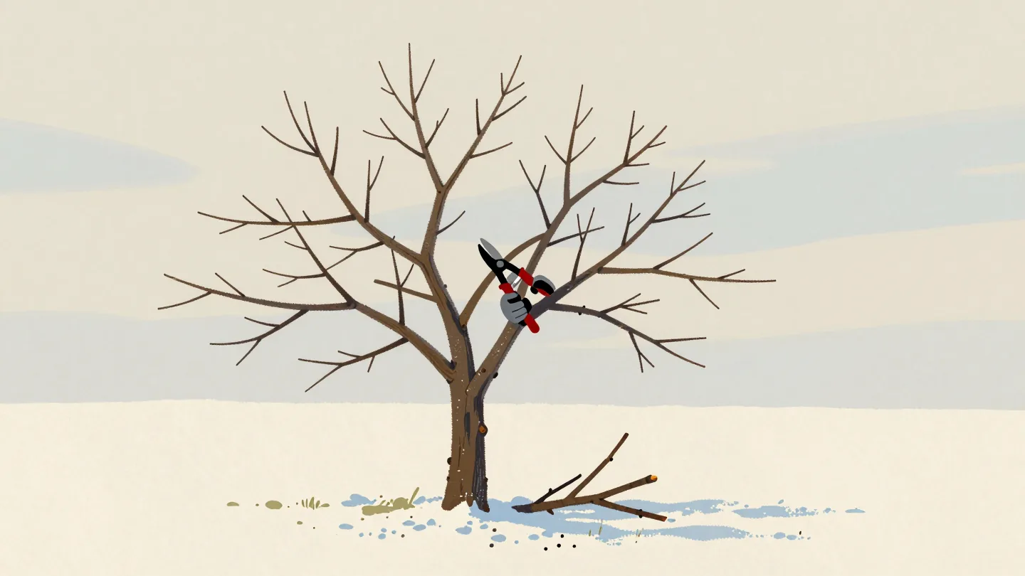 A gloved hand holds secateurs to one dead branch of a bare apple tree, pruned twigs on the snow below.
