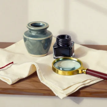 A sage ceramic jar and a dark glass ink bottle on folded cream cloth beside a brass magnifying glass and vermilion cord.