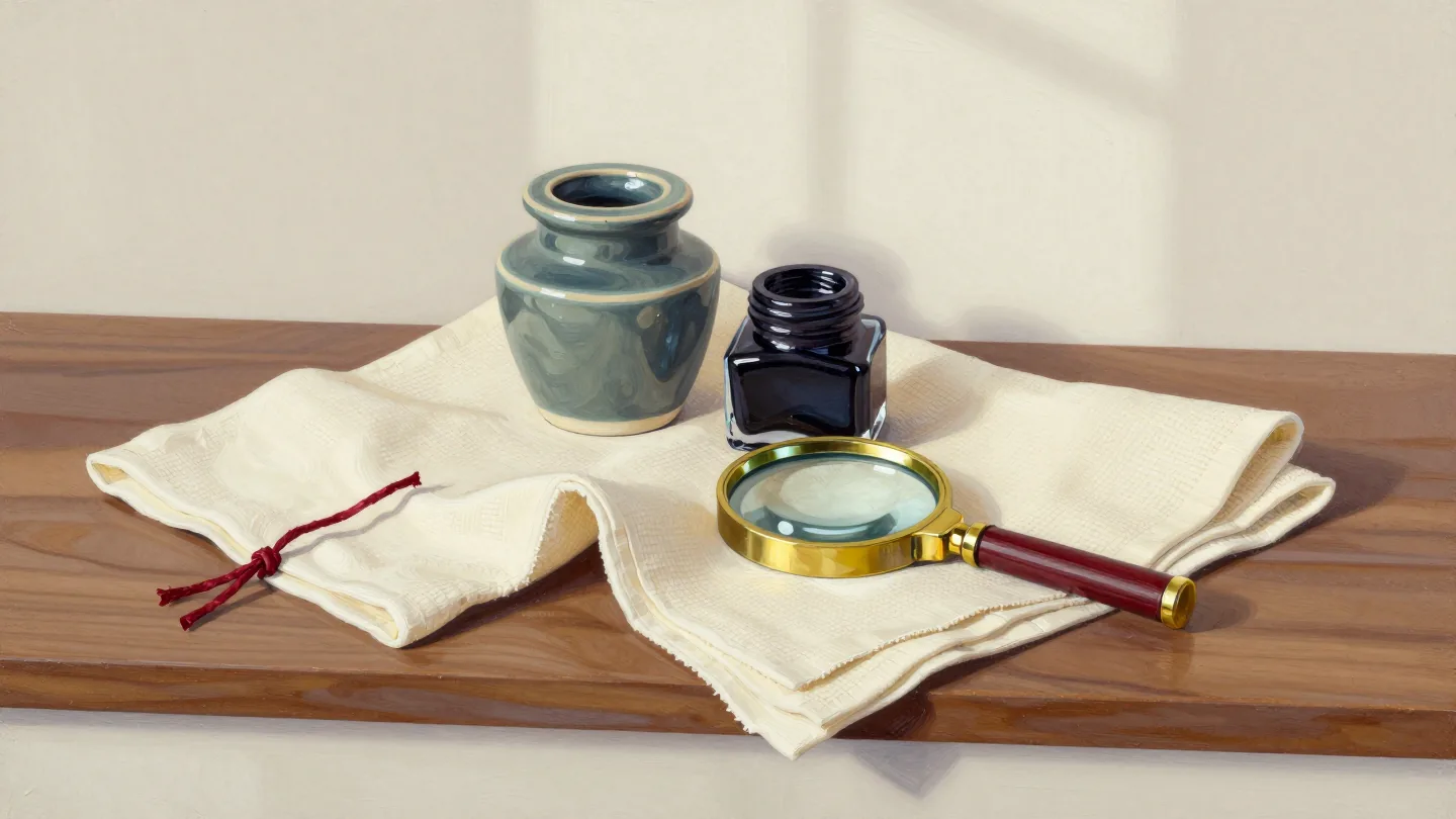 A sage ceramic jar and a dark glass ink bottle on folded cream cloth beside a brass magnifying glass and vermilion cord.