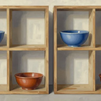 Matching blue bowls occupy the upper-left compartments of two wooden display frames.