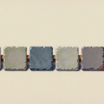 Six unmarked stone tiles in a row in front of a plain wooden strip.