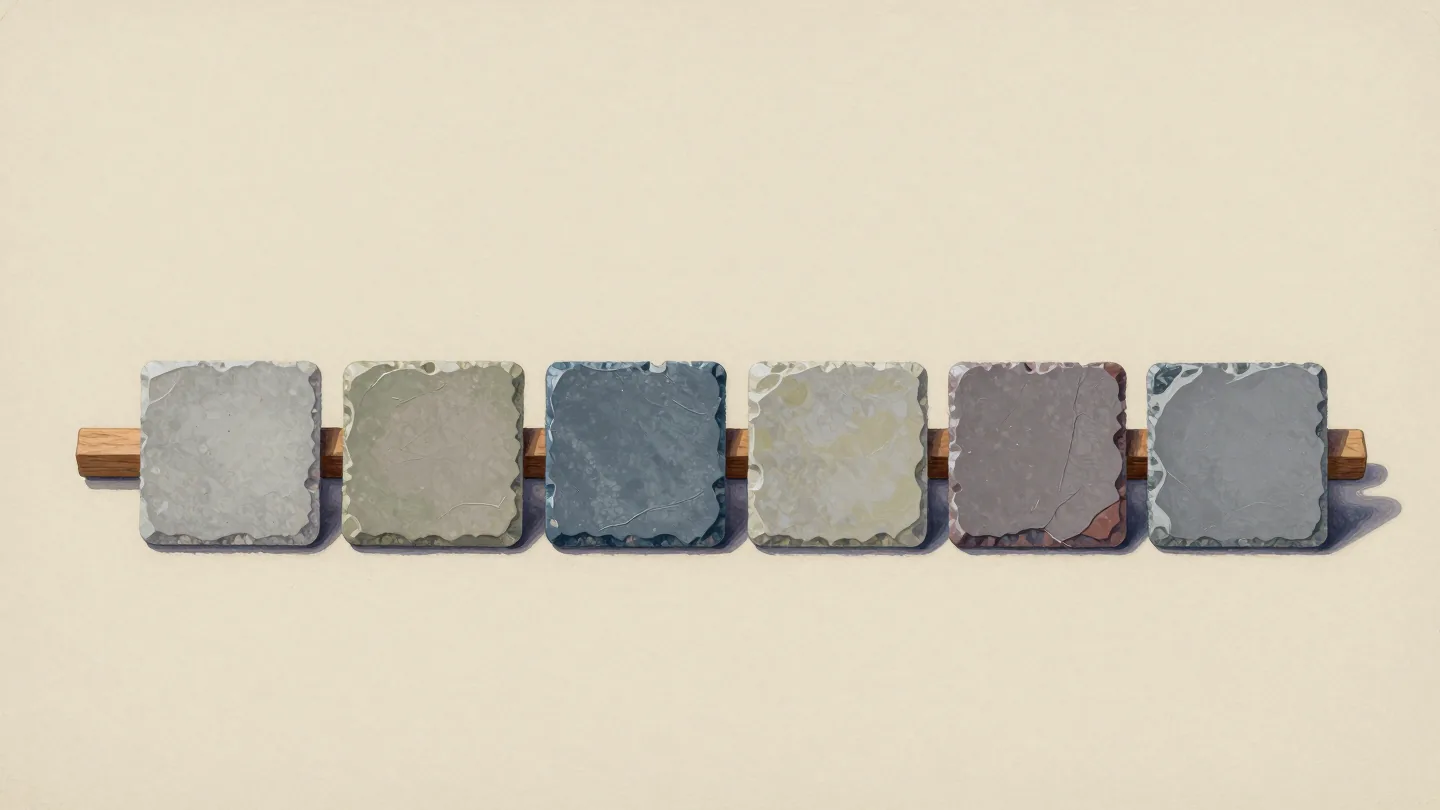 Six unmarked stone tiles in a row in front of a plain wooden strip.