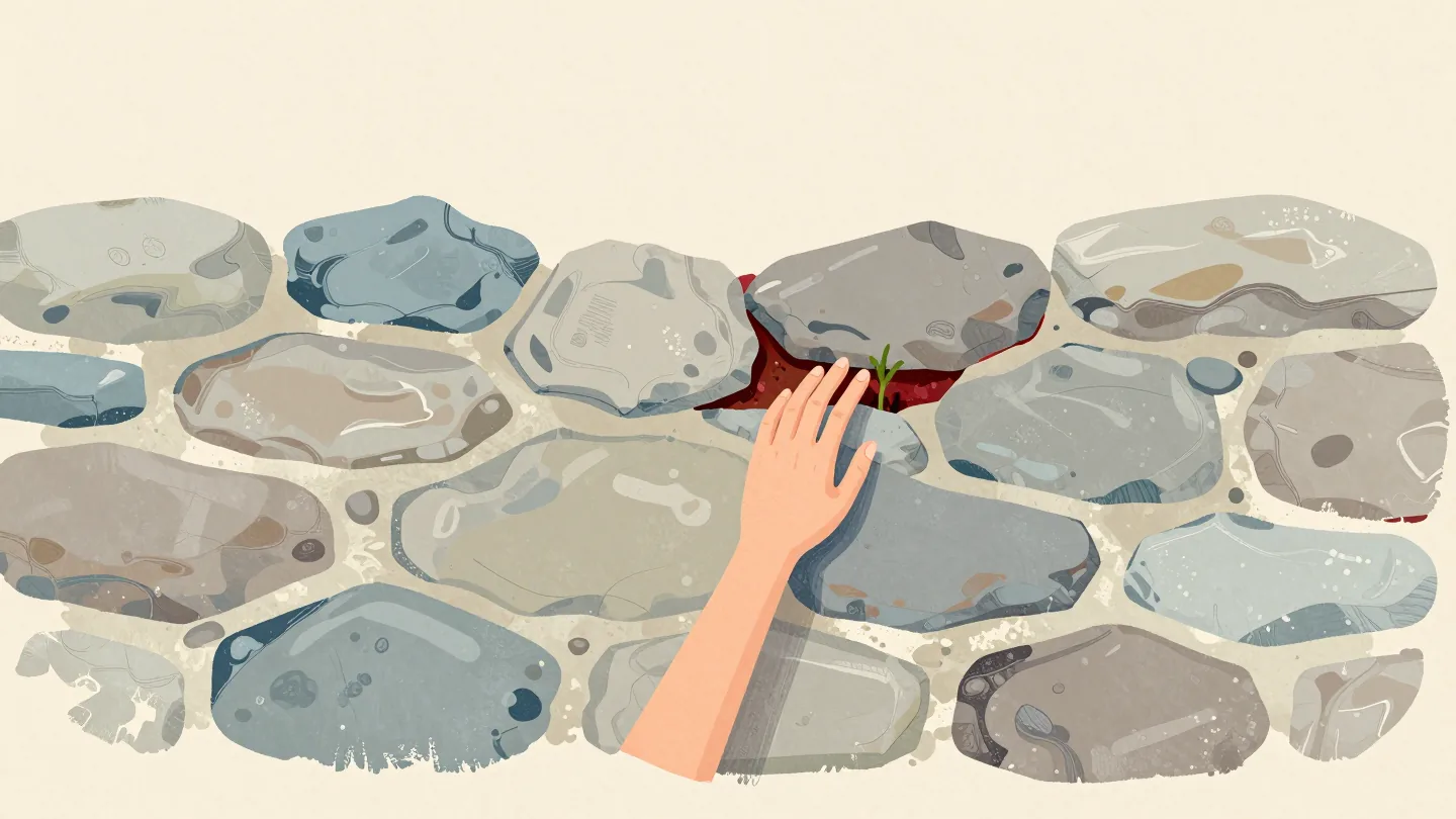 A fingertip presses into a gap in an old stone wall where crumbled mortar lets a green shoot push through.