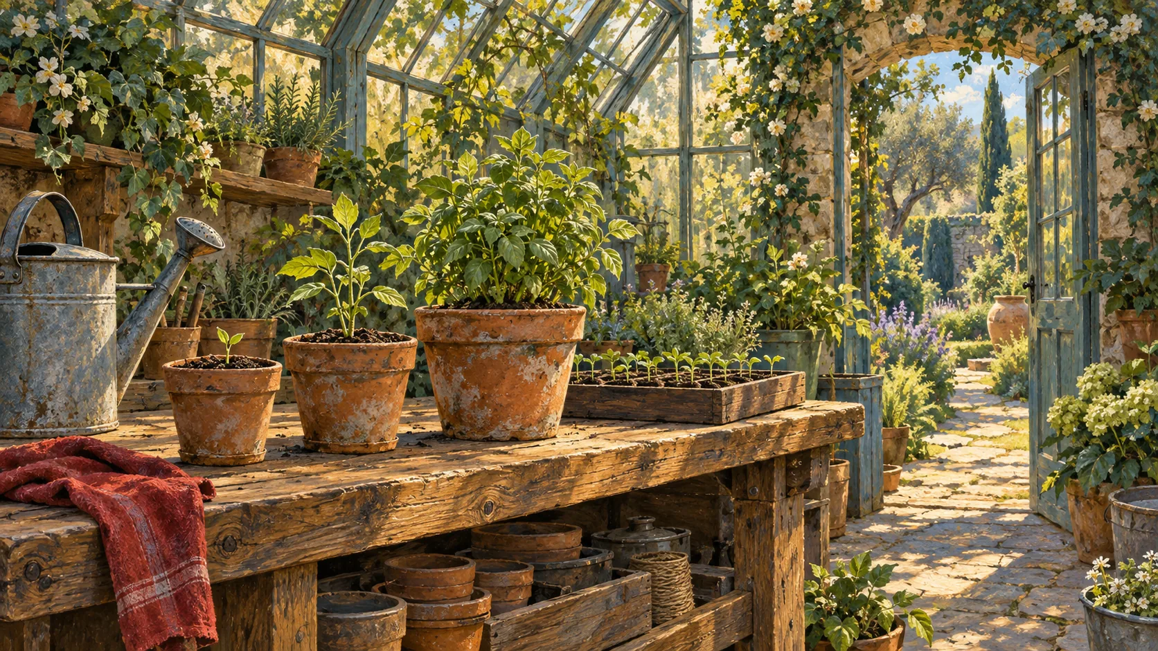 Three terracotta pots hold plants of different sizes beside a seedling tray, watering can and folded red cloth.
