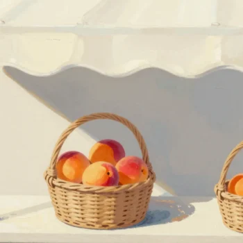 Gouache painting: under a market awning two wicker baskets of apricots stand apart
