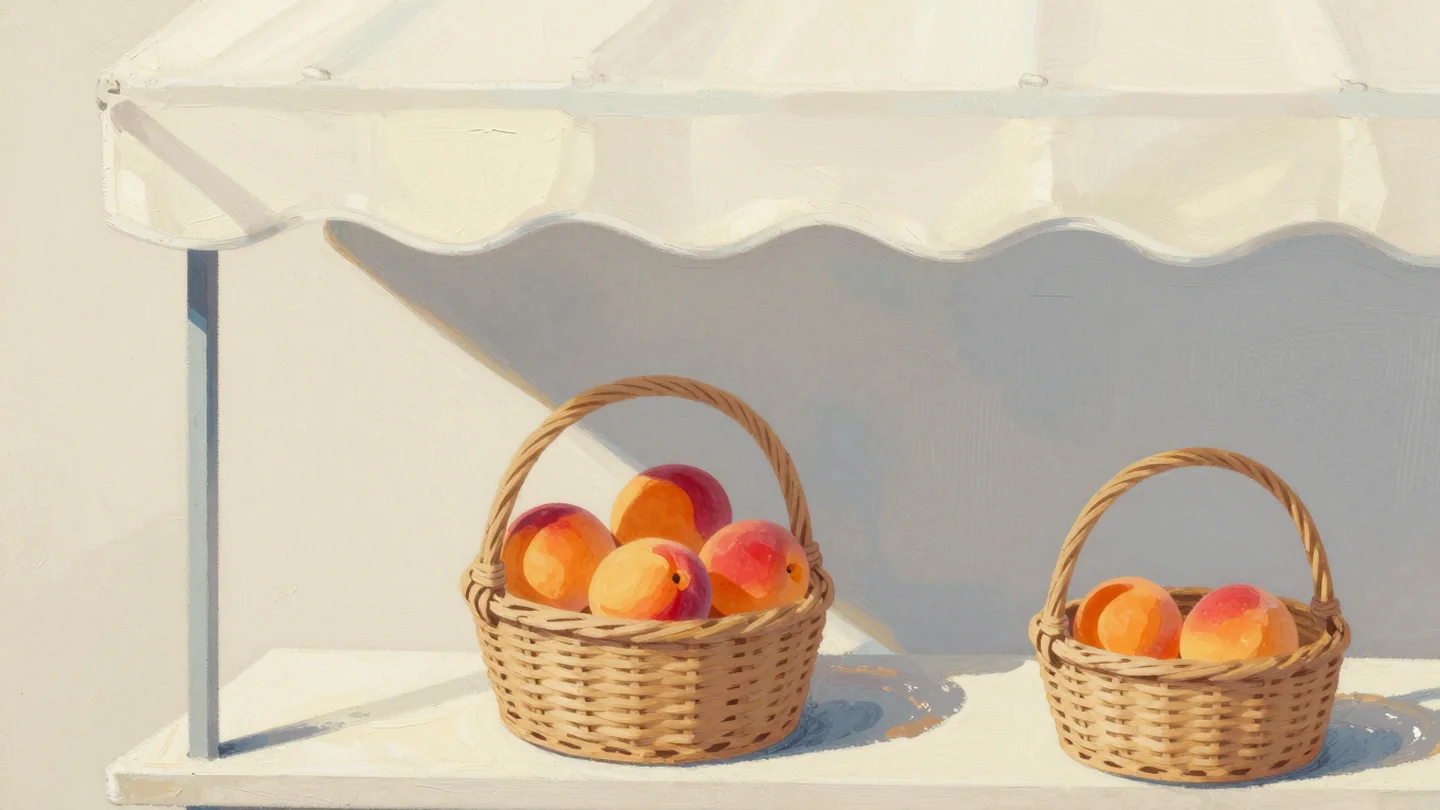 Gouache painting: under a market awning two wicker baskets of apricots stand apart
