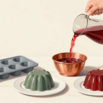 A hand pours red liquid into a copper jelly mold beside two finished jellies of different colors and the same shape.